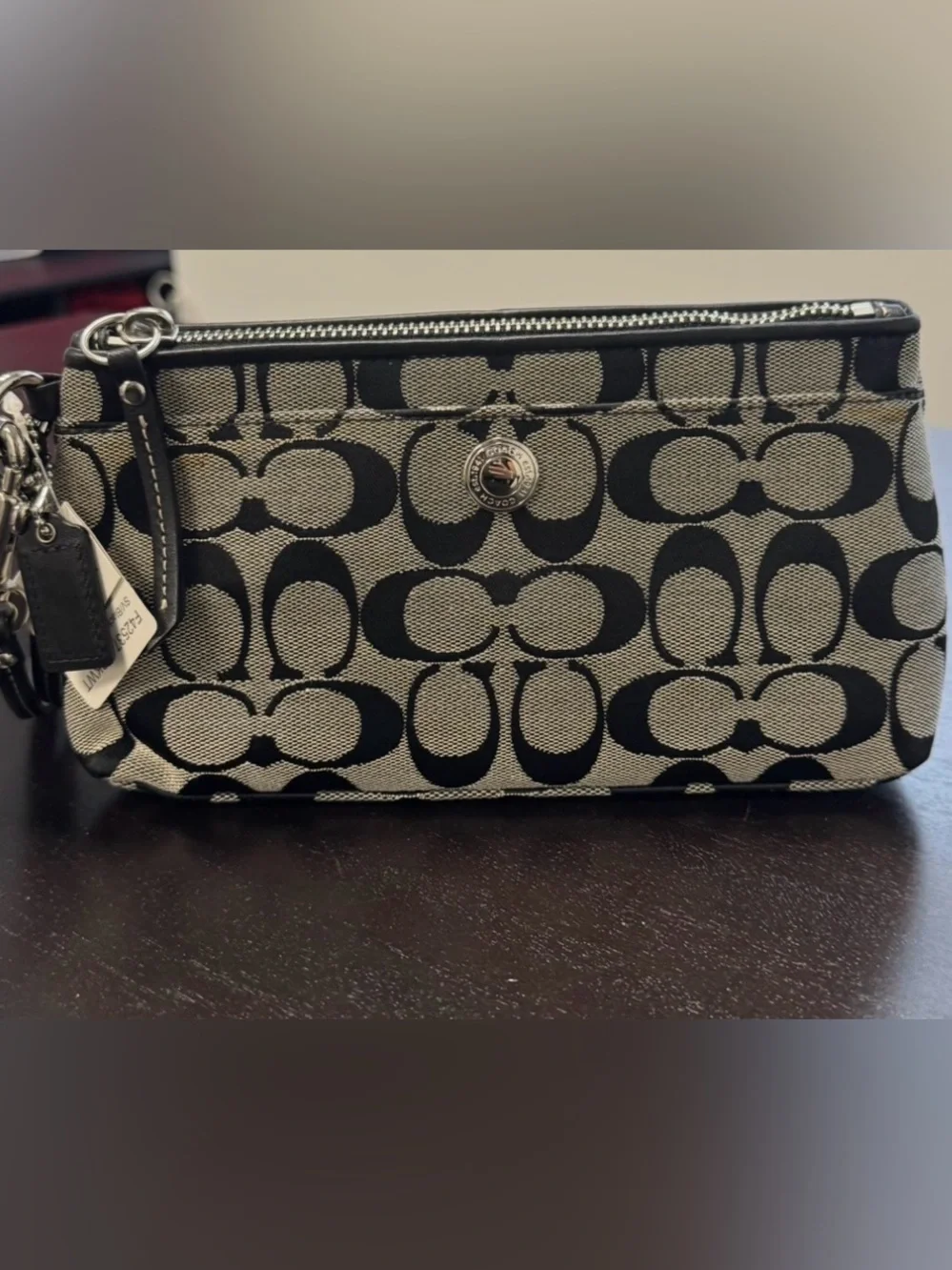 Coach Signature Jacquard Wristlet in Black and Khaki